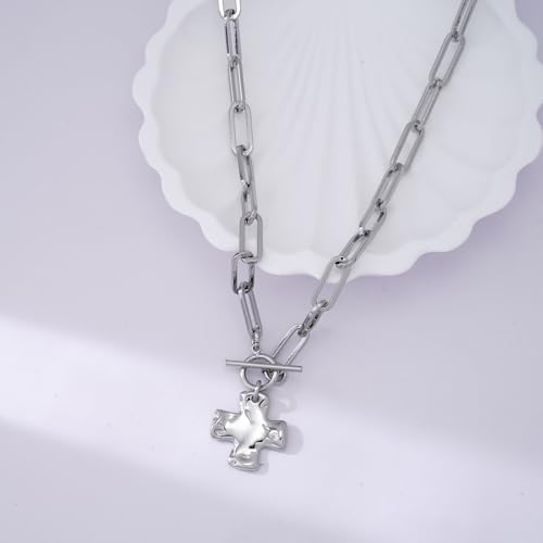 Chunky Cross Necklace for Women, 14K Gold Silver Pendant Necklace - color: White Gold-Toggle-0.8 inch pendant