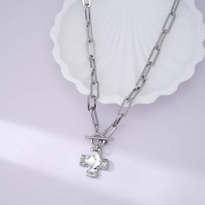 Chunky Cross Necklace for Women, 14K Gold Silver Pendant Necklace - color: White Gold-Toggle-0.8 inch pendant
