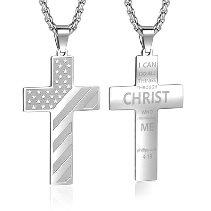 American Flag Cross Necklace for Men, Christian Confirmation Baptism Gifts - color: Silver, style: Philippians 4:13
