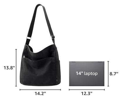 KALIDI Canvas Tote Bag Zipper Large Crossbody Shoulder Bag Messenger Bag - color: Black