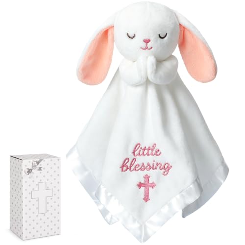 White Bunny Baptism Blanket, Loveys Baptism Gift for Baby Girls - color: White Bunny Pink Ears