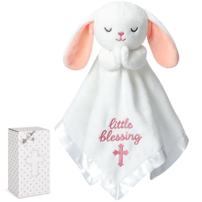 White Bunny Baptism Blanket, Loveys Baptism Gift for Baby Girls - color: White Bunny Pink Ears