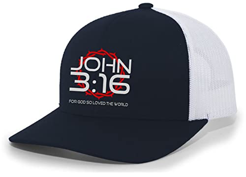 Christian John 3:16 for Got So Loved The World Mens Embroidered Mesh Back Trucker Hat - color: Navy/White