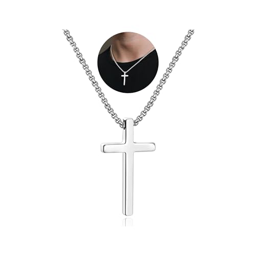IEFSHINY Gifts for Men Boys - Stainless Steel Cross Pendant Chain Necklaces for Men, Mens 16-30 Inches Chain Gold Silver Black Cross Necklace Boys Jewelry Gifts - size: 20, style: Silver-cross pedant 0.7"*1.18"