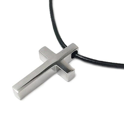 Loralyn Designs Small Mens Simple Stainless Steel Cross Pendant Necklace 16, 18, 20, 24 or 30 Inch Black Leather Cord