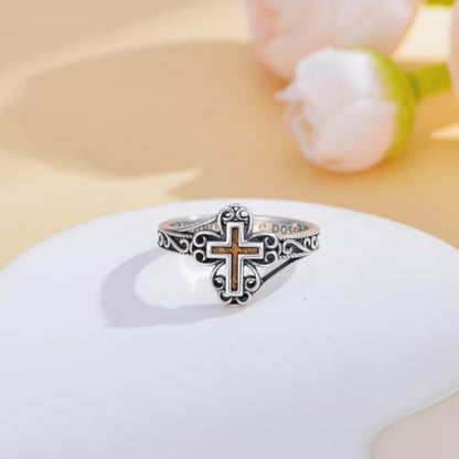 Faith Cross Ring for Women 925 Sterling Silver Wood Cross Ring Inspiring Religious Christian Jewelry Gifts (with Gift Box) - color: 01-Cross Ring