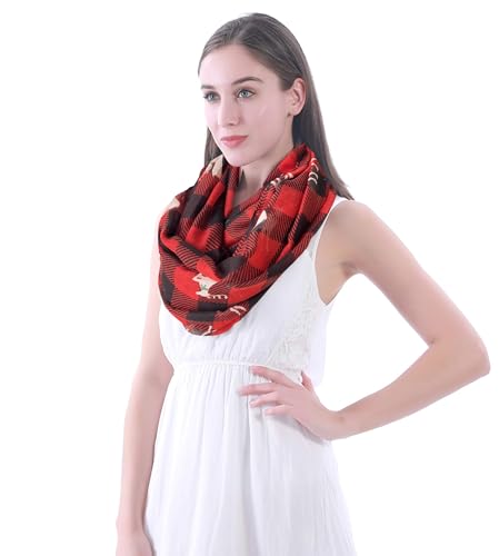 Lina & Lily Holiday Christmas Pattern Print Women's Infinity Scarf Lightweight - color: Red Black, Xmas Reindeer Buffalo Plaid