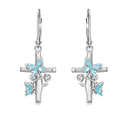 Butterfly Earrings for Women 925 Sterling Silver Birthstone Butterfly Cross Rose Dangle Earrings Elegant Butterfly's Jewelry Gift for Birthday Valentines Day Christmas - color: 3-March