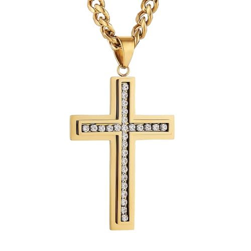 HZMAN Cross Necklace for Men Stainless Steel Cross with Cubic Zirconia Inlay Pendant Necklace with 7mm Cuban Chain 24In - color: Gold