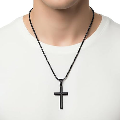 Fiusem Beveled Edge Cross Necklace for Men - size: 20 inches, style: Black cross: 1.4*0.8"