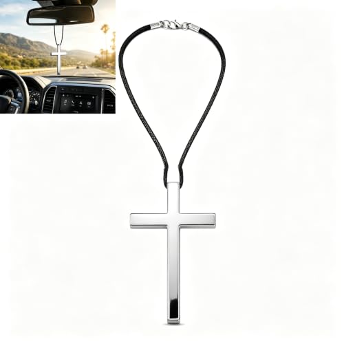 Christian Cross Car Charm, Rearview Mirror Hanging Ornament, Metal Cross Pendant Decoration for Auto Truck Home(Silver） - color: silver