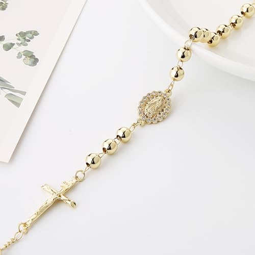 HZMAN Brass Virgin Mary Cross Rosary Bead Bracelet for Women - color: Gold Bead Crucifixed & Mary