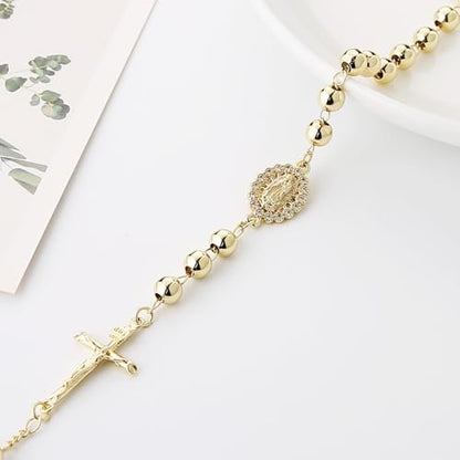 HZMAN Brass Virgin Mary Cross Rosary Bead Bracelet for Women - color: Gold Bead Crucifixed & Mary