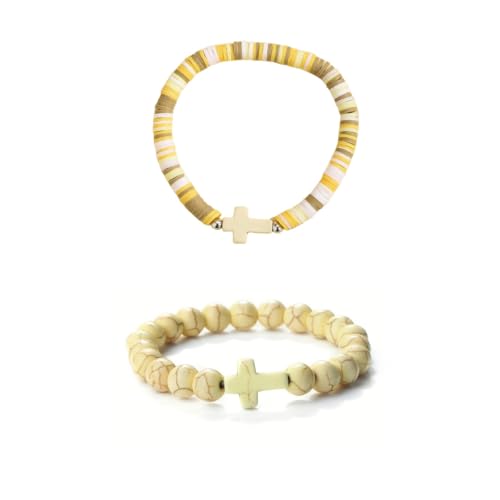XAM 2Pcs Colorful Handmade Clay Stone Cross Beaded Bracelet for Men Women Inspirational Cross Faith Bracelet for Christian Easter Thanksgiving Christmas Birthday Gifts Jewelry - color: Khaki
