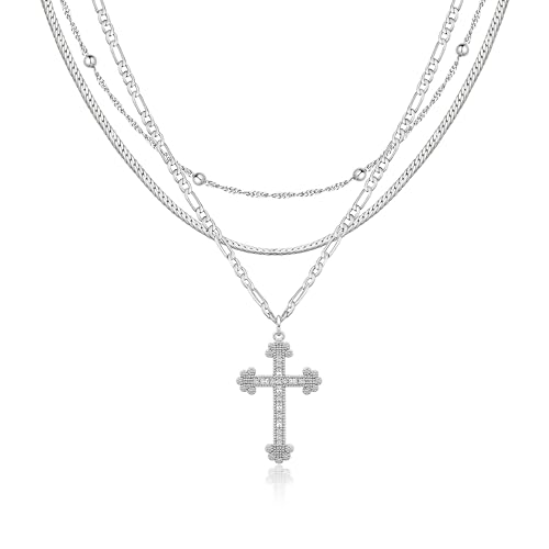 Amicon Cross Necklace for Women 14K Gold Plated Dainty Heart Cross Pendant Choker Simple Trendy Cute Cross Charm Diamond Necklace Faith Jewelry Religious Minimalist Gift - style: Layered Figaro Cross-SL