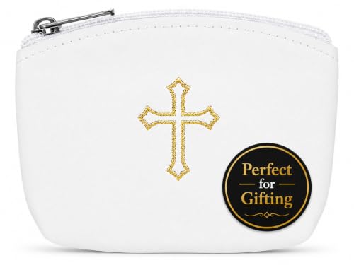 White Rosary Pouch with Zipper & Gold St. Thomas Cross Imprint | Compact Leatherette Rosary Case for Small to Medium Rosaries | Protective Travel Rosary Holder for Men & Women - color: White