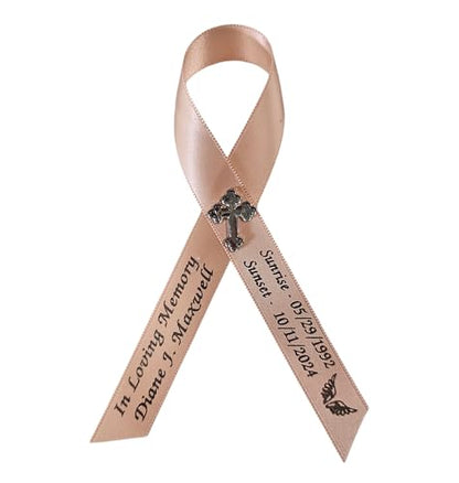 Personalized Memorial Service Funeral Ribbon Pins 20 Cross Religious Celebration of Life Custom Made Awareness Remembrance Anniversary Death Cross Sympathy Name Angel - color: Moonstone