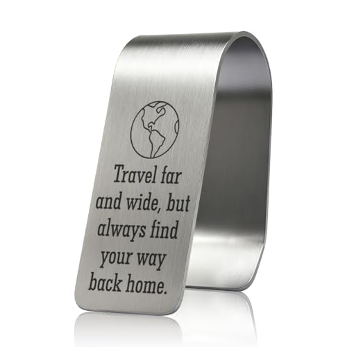 Travel Far and Wide But Always Find Your Way Back Home Engraved Stainless Steel Car Visor Clip, Inspirational Safe Driving Gifts for Family Friend Driver, Travel Visor Car Accessories - color: silver039