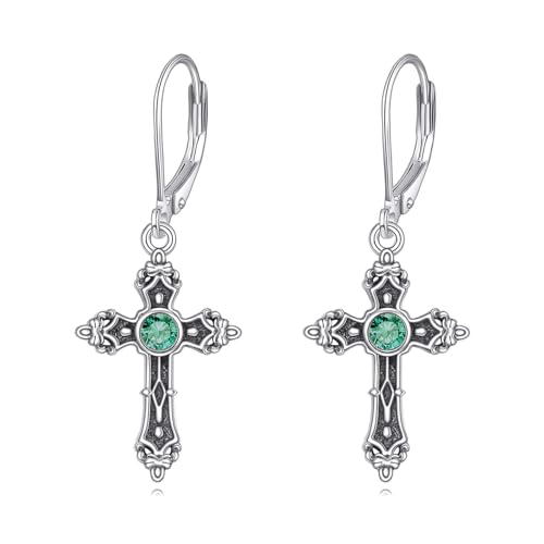 LONAGO Cross Earrings for Women 925 Sterling Silver Vintage Cross with Birthstone Drop Earrings - color: May