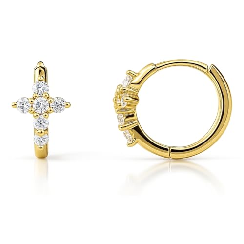 BERRICLE Sterling Silver Cross Mini Hoop Huggie Earrings for Women, Cubic Zirconia CZ 0.5 inch - style: Gold Flashed