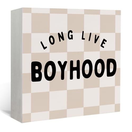 Lacama Boys Room Decor Wooden Box Sign, Long Live Boyhood Decorations Wood Block Signs, Retro Neutral Checkered Wood Sign for Toddler Boys Nursery Room Bedroom Desk Shelf Wall Decor 5x5 In - color: Long Live Boyhood