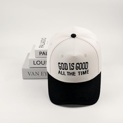 Embroidered Christian Two-Tone Baseball Cap for Men & Women, Adjustable Dad Hat Christmas Easter Gift - color: God is Good All the Time, Black/Beige