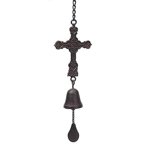 Dicksons Filigree Embossed Cross and Bell Brown 5 x 8 Metal Hanging Indoor Outdoor Wind Chime