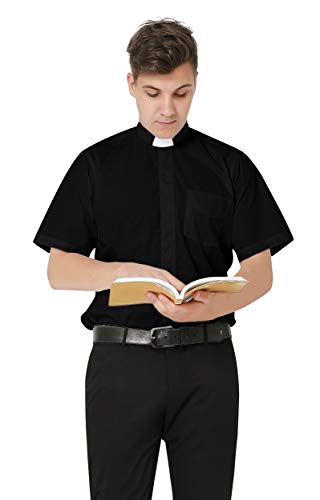 IvyRobes Men's Short Sleeves Tab Collar Clergy Shirt- Black White Purple - color: Black, size: XX-Small