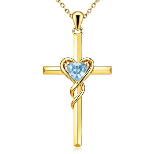 Birthstone Cross Necklace for Women 14K Gold Plated Heart Infinity Cross Pendant Necklace Christian Religious Jewelry Anniversary Birthday Gifts for Wife Mom Her - color: Mar/Aquamarine