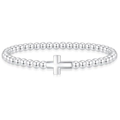 Beaded Bracelets for Women 14K Silver Gold Plated Stretch Handmade Ball Bracelets Cute Charm Bracelet Dainty Stackable Cross Heart Bow Wave CZ Circle Trendy Jewelry Easter Gifts - color: Silver-2