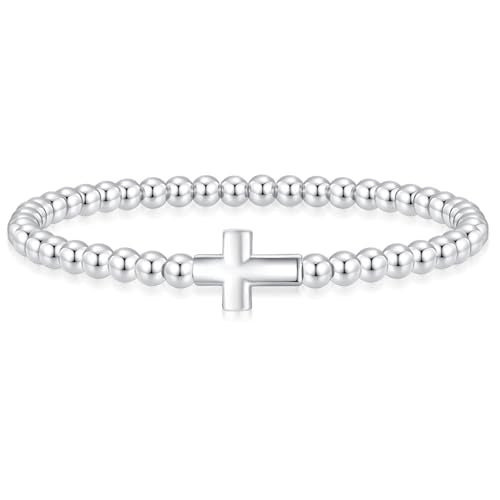 Beaded Bracelets for Women 14K Silver Gold Plated Stretch Handmade Ball Bracelets Cute Charm Bracelet Dainty Stackable Cross Heart Bow Wave CZ Circle Trendy Jewelry Easter Gifts - color: Silver-2