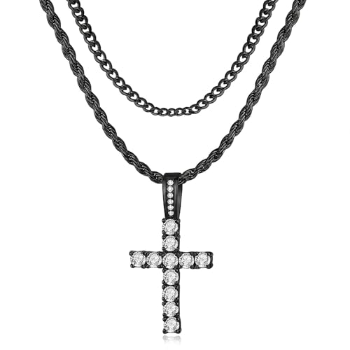 GEMOSA Cross Necklace for Men, Cuban Link Layered Rope Chain Silver/Gold/Black - color: Black Gold, size: 16/18 inch