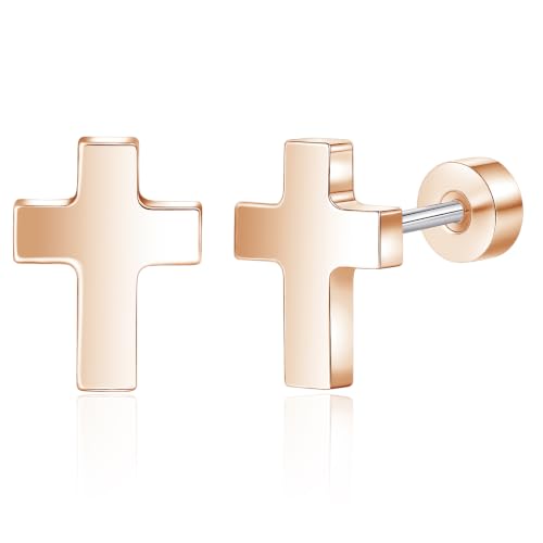 Limerencia Titanium Stud Earrings, Cross Earrings for Sensitive Ears - color: Rose Gold +Screw Back