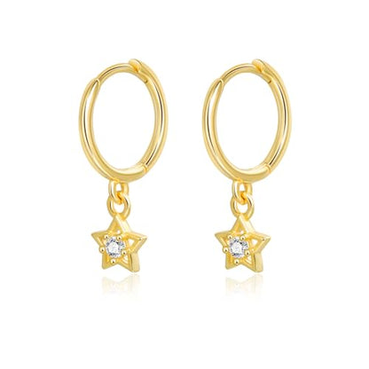 925 Sterling Silver Dangle Earrings Heart Star Cross Drop Earrings Dainty Gold Trendy Cute Earrings for Women - color: Star, gold