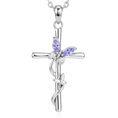 Distance Cross Necklace for Women 925 Sterling Silver Jewelry Pendant Necklace for Mom Wife Gift for Mother's Day or Birthday - style: 06-Light Purple