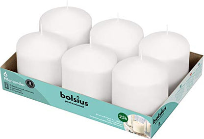 BOLSIUS 6 White Pillar Candles Bulk - 3x3 Inches Candle Set - 25+ Hours Clean Burning - No Palm Oil - 0% Animal Fat - Premium European Quality - Unscented Dripless Dinner Pillars - size: 3x3 Inches, style: 6 Count