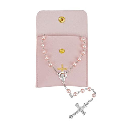 Rosary Beads Catholic, Rosary Necklace with Leather Pouch with Magnetic Top Bag for Men and Women Christian Gifts - color: Pink B