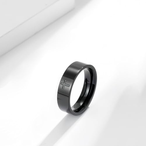 Men's Cross Ring Black/Silver Christian Wedding Band Stainless Steel - color: 6mm,black