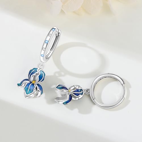 925 Sterling Silver Drop & Dangle Earrings for Women,Butterfly Dragonfly and Bee|Flower and leaf Earrings, Suitable for Sensitive Ears Fashion Jewelry Gift- Hypoallergenic Earrings - color: Blue Iris