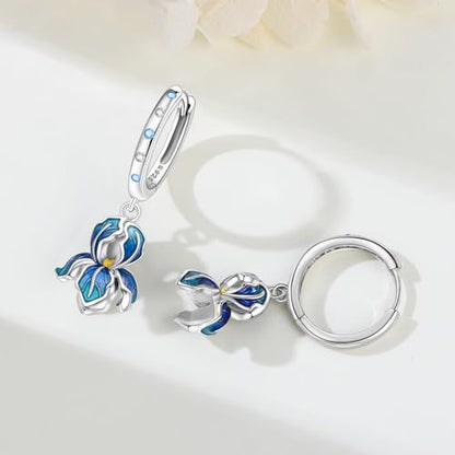 925 Sterling Silver Drop & Dangle Earrings for Women,Butterfly Dragonfly and Bee|Flower and leaf Earrings, Suitable for Sensitive Ears Fashion Jewelry Gift- Hypoallergenic Earrings - color: Blue Iris