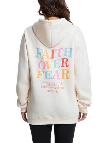 Faith Over Fear Hoodie Womens Christian Graphic Cute Hoodies Cotton Blend Sweatshirt Casual Tops - color: Pink, size: Large