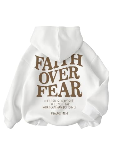 BANGELY Faith Over Fear Hoodie Girl's Christian Sweatshirt Long Sleeve Tops - color: White, size: 5-6 Years