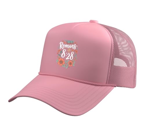 Romans 8:28 Bible Verse Flowers Cross Christian Women Trucker Hat with Adjustable Mesh Back - color: Pink