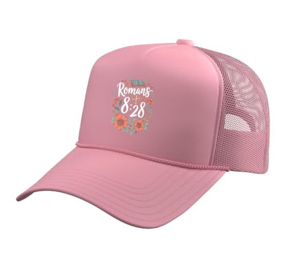 Romans 8:28 Bible Verse Flowers Cross Christian Women Trucker Hat with Adjustable Mesh Back - color: Pink