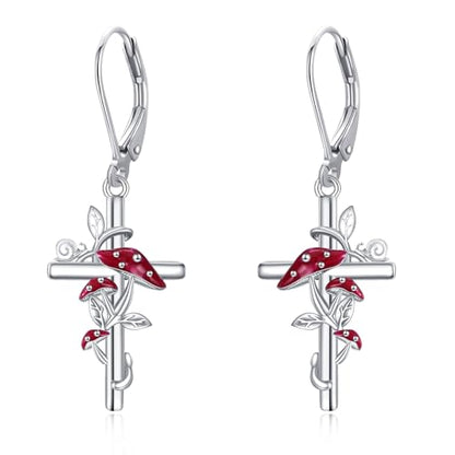 Flower Cross Earrings 925 Sterling Silver Daisy Butterfly Lily Violet Mushroom Dangle Drop Earrings Birth Flower Jewelry for Women Birthday Christmas Gifts - style: Mushroom Cross