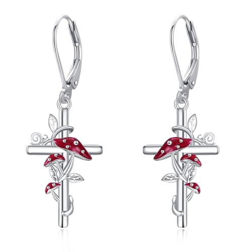 Flower Cross Earrings 925 Sterling Silver Daisy Butterfly Lily Violet Mushroom Dangle Drop Earrings Birth Flower Jewelry for Women Birthday Christmas Gifts - style: Mushroom Cross