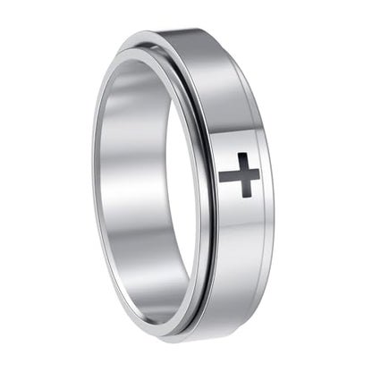 Mens Fidget Rings Anxiety Ring for Men 6mm 8mm Chain Spinner Ring Size 5-14 - color: Jet Silver