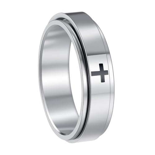 Mens Fidget Rings Anxiety Ring for Men 6mm 8mm Chain Spinner Ring Size 5-14 - color: Jet Silver