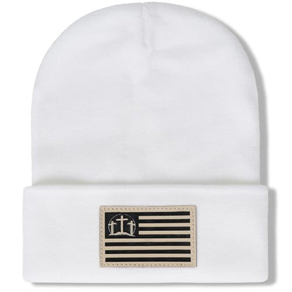 Christian Cross Beanie Hats for Men Women, Faith Winter Cuffed Hats, Religious Gifts for Thanksgiving Christmas New Years - color: White, style: Three Cross Flag