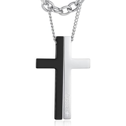 OLEVS Men's Cross Pendant Necklace Large Stainless Steel Cross Pendant Necklace for Men Women - color: Black Silver